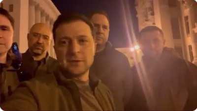 Zelensky with aides, Prime Minister, state their intent to stay and fight in Kyiv.