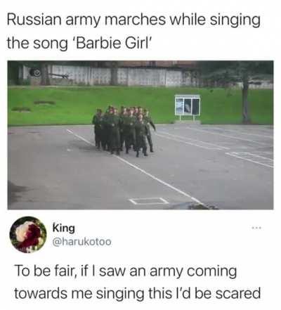 Army marching to Barbie girl