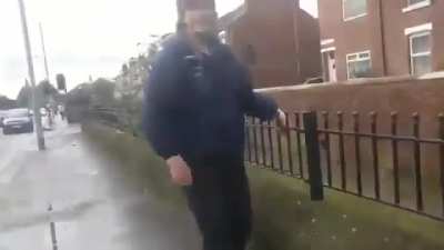 Frustrated Wakefield citizen verbally attacks two negligent smackheads, public pavement.