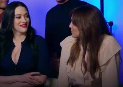 Elizabeth Olsen checking out Kat Dennings cleavage