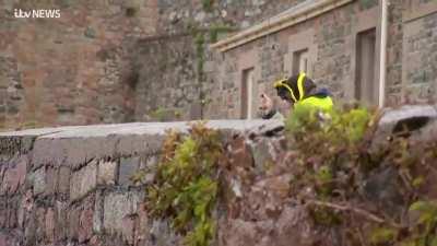 ITV News Channel TV @ITVChannelTV A member of the Jersey Militia reenactment group was seen firing on the French boats with a musket from Elizabeth Castle this morning. It's after the flotilla of French fishermen who blockaded Jersey's main harbour return