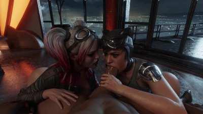 Harley Quinn and catwomen Interracial SFM Sharing Threesome Porn GIF by queenjinx