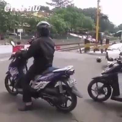 Getting beaten up by the crossing barricade