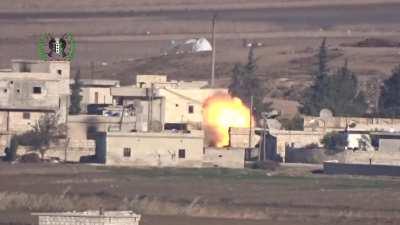 Mountain Hawk Brigade BGM-71 TOW team threads the needle, hitting an SAA tank outside of Aleppo - 2015