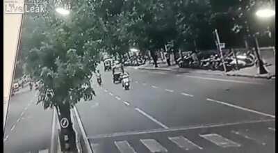 D or V? Monkey crossing road hits cyclist.