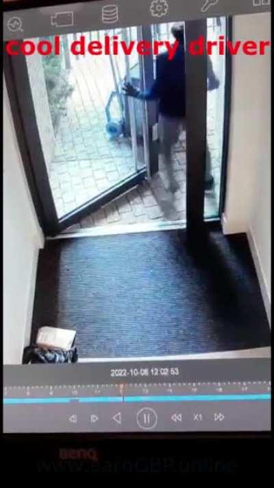 Grocery delivery driver steals a package on his way out