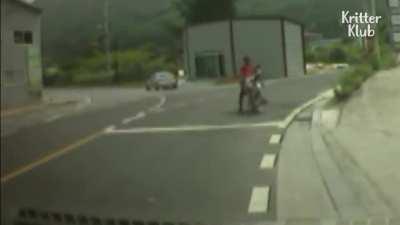 Man drags a dog tied to his motorcycle