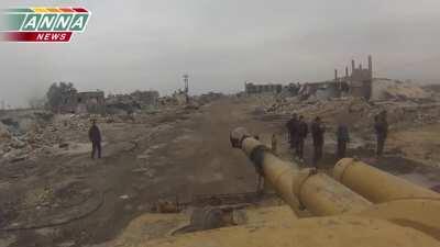 Syrian Army uses a self-propelled gun to engage Rebel positions with direct fire - Jobar, Damascus - 2014
