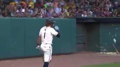 Savannah Bananas Catcher Bill Leroy introduces himself before his at-bat
