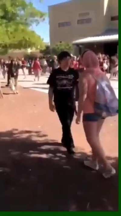 Asshole Girl pushes and slaps a boy at school, he defends himself with a couple of haymakers!