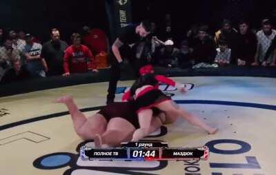 Fat untrained man attempts to fight smaller female professional fighter in MMA