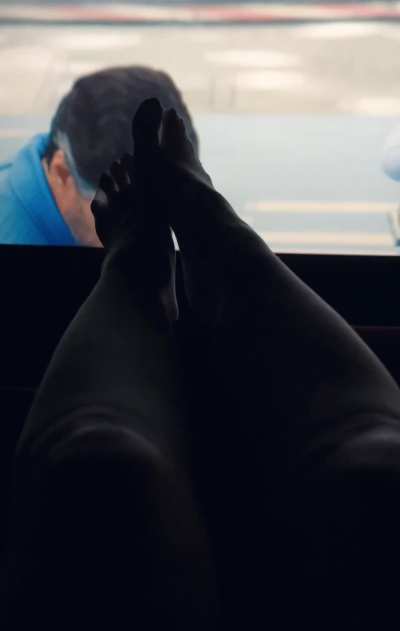 just imagine🫦 you're sitting peacefully in your cinema chair. its dark. suddenly, a small tiny foot with playful toes in white nylon is touching your shoulder from behind... your actions? 👣