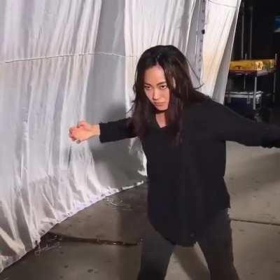 Just Karen performing a stunt