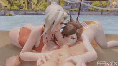 Mercy and Tracer sharing a cock (Bewyx)