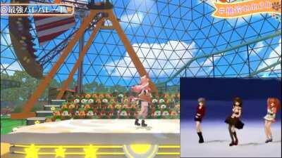 Side by side comparison of Nene and Haruhi’s “Saikyou Pare Parade” dance. As expected Nene is a lot more bouncy and cute, but otherwise spot on!