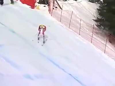 Yannick Bertrand taking a slalom gate to the groin while skiing