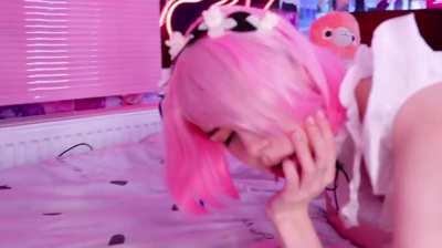 Ram cosplayer talking dirty while getting pounded by fuck machine