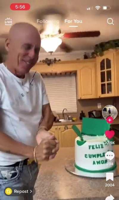 He hurt his hand punching the cake