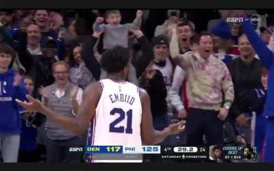 [Highlight] Embiid hits the stepback 3 over Jokic and shrugs to the crowd