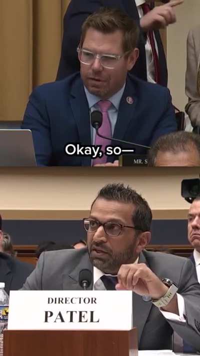 During a House committee hearing, Rep. Eric Swalwell (D-CA) and FBI director Kash Patel spar over the existence of Trump's name in the Epstein files and whether or not Patel disclosed that to Attorney General Pam Bondi.