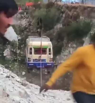 Zip-lining on a bus.