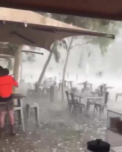 Wind so heavy that it is hailing sideways