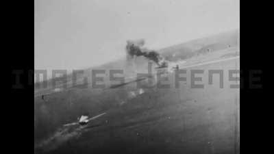 Gun camera on a P-47 Thunderbolt catches a fellow aircraft strafing at extreme low level