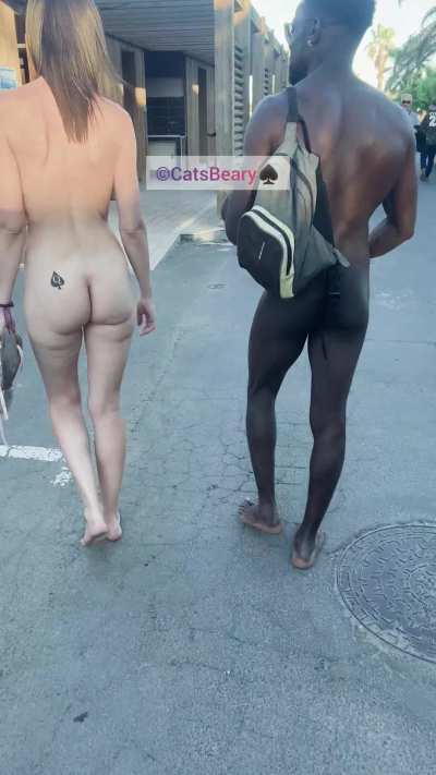 I proudly take a nude walk in the crowded streets with my black lover while my pussy-free cuck Husband follows us on the way for my public black African insemination. We are absolutely public about our cuckolding lifestyle and we want to spread the moveme