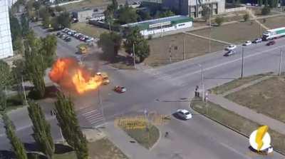 Driver makes ill-advised left turn to catch up to his buddy ahead of him. Boom.