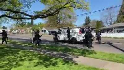 Portland Police leave the area and shoot impact munitions at protesters as they retreat. This is 3 hour old as of this posting