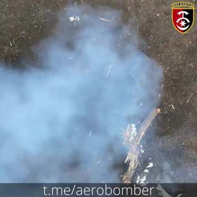 UA 30th OMBr Mechanized Brigade drone drops an F-1 grenade onto exposed RU infantry, then follows with an RGT-27S2 thermobaric grenade into their dugout (music from source)