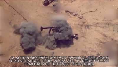 Coalition air strike destroys a ISIS oil pump used to fund their war effort outside of Raqqa, Syria, on May 20th 2016. The munitions looks like it could be a Hellfire