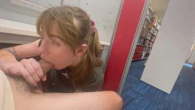 Filling her mouth with cum at a library