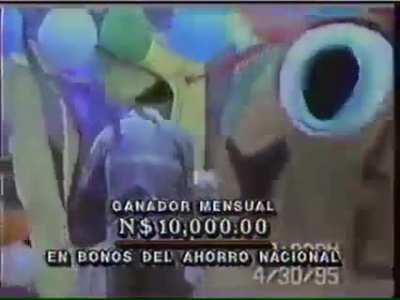 Dancing mexican peanut mascot falls from an upper floor during a 90s mexican TV show.