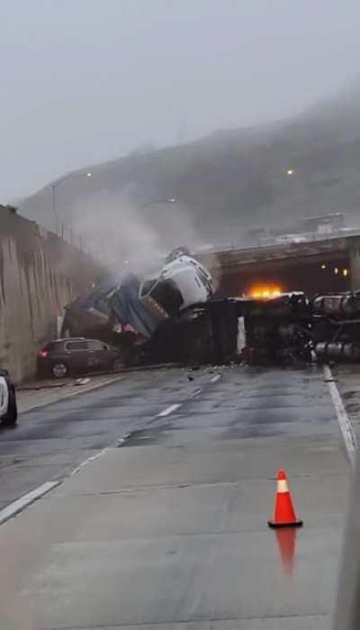 Truck plummets off freeway near Los Angeles, crashing into earlier crash site
