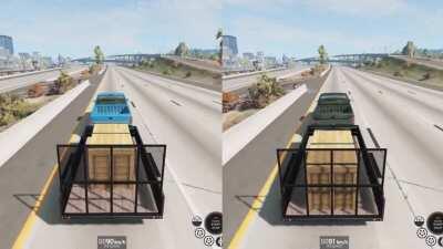 Lane change test (90km/h) between a properly and an improperly loaded trailer.