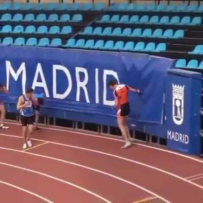 Runner falls of stage