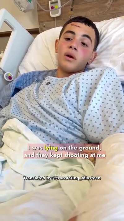 15-year-old Palestinian boy Ahmad Daraghmeh from the city of Tubas in the occupied West Bank, miraculously survived after being shot four times by Israeli occupation soldiers during a military raid on October 25, 2025.