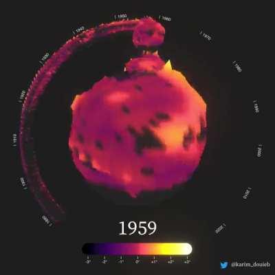 [OC] Global surface temperature anomalies. This is a visual experiment showing the global surface temperature anomalies situation over the course of ~130 years. Baseline is defined as the 1971 - 2000 average in degrees Celsius.