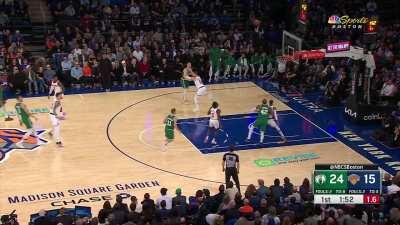 [Highlight] Kristaps Porzingis banks in the step back top of the key triple for the Celtics vs the Knicks!