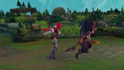 Riven kicks Yasuo in the balls, hits the griddy and nothing else happens