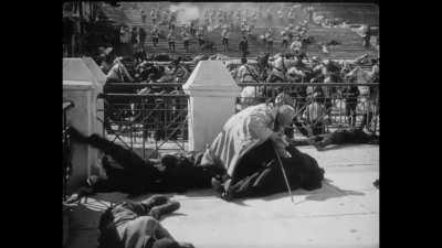 The Odessa Steps sequence from Battleship Potemkin (1925) but with Immigrant Song