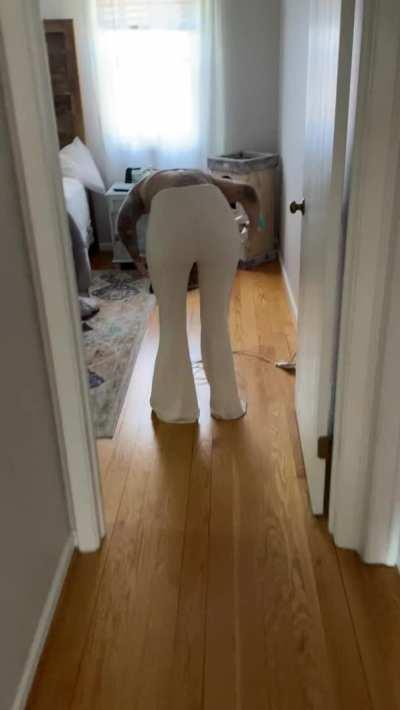 Daphne is pantsed while blow drying her hair.