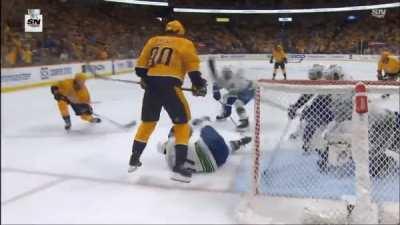 Tyler Myers with the unorthodox series clinching block.