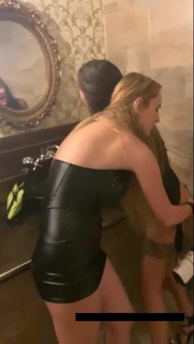 Drunk girls having fun in Public toilet after party
