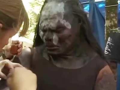 Seeing Lurtz behind the scenes with a pink pom pom in his hair is unexpectedly wholesome