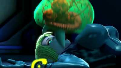 Poor samus got her bitch ass choked out by a whole ass metroid dick