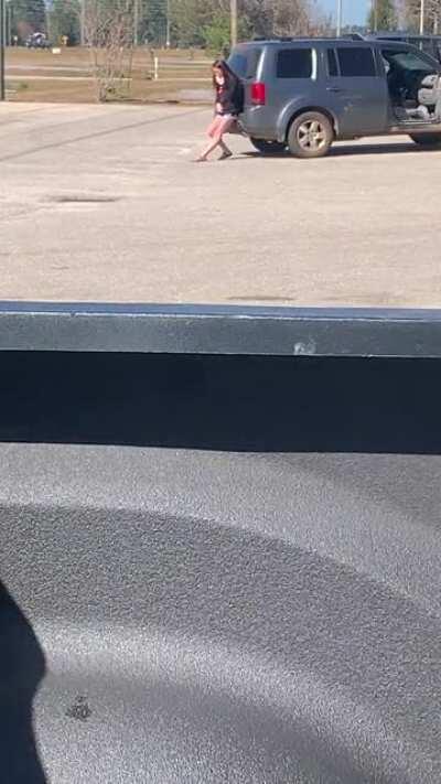 Walked out to my truck to grab a pen and saw this. Thought she was gonna face plant for a second.