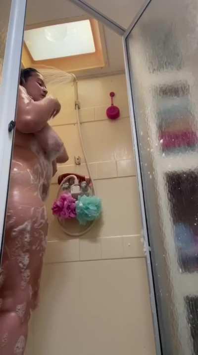 T@sia getting soapy in shower and spreading her fat ass