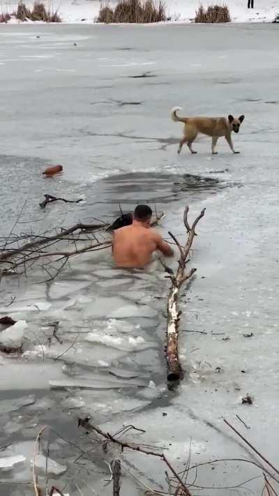 Breaking through the ice to save a stranded dog